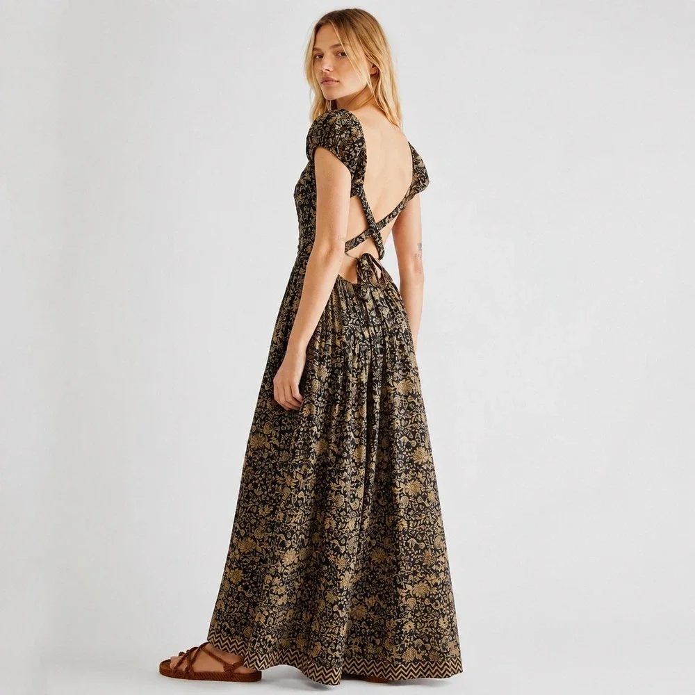 Free People Ultraviolet Maxi Dress Womens Small Floral Smocked Open Back Boho